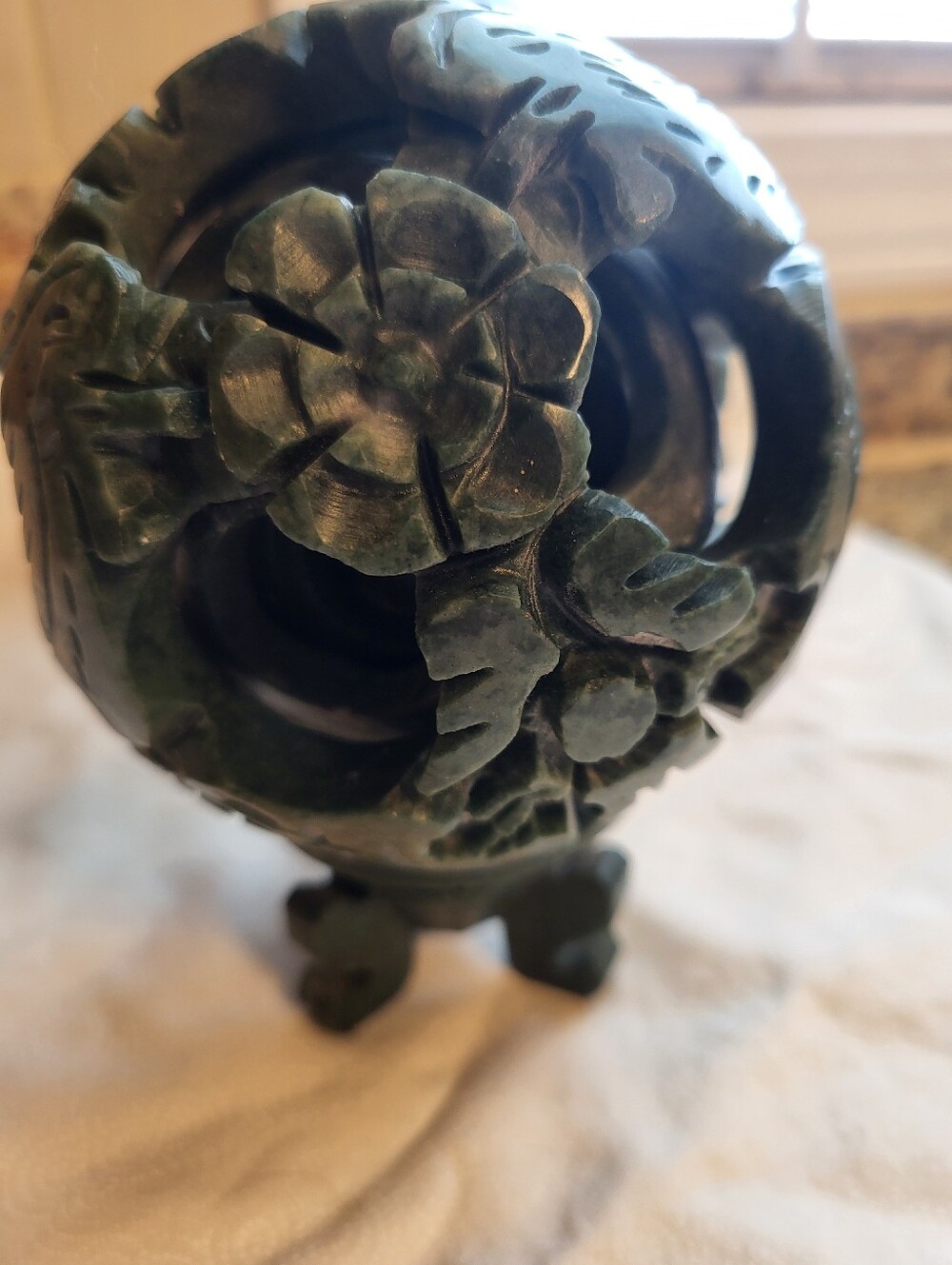 Handcarved 5 × 4 Inch Jadeite Chinese Puzzle Rotating Layers Ball Sphere